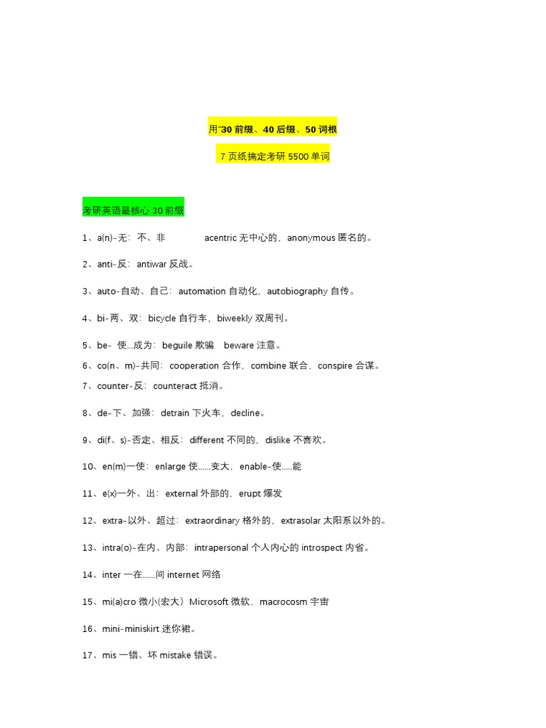 【精华】你要熟悉这些考研常用词根词缀 | PDF