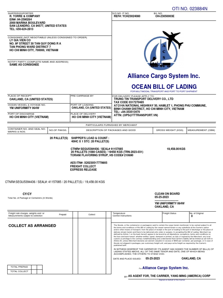 HBL TRN 2023 031 | PDF | Cargo | Bill Of Lading