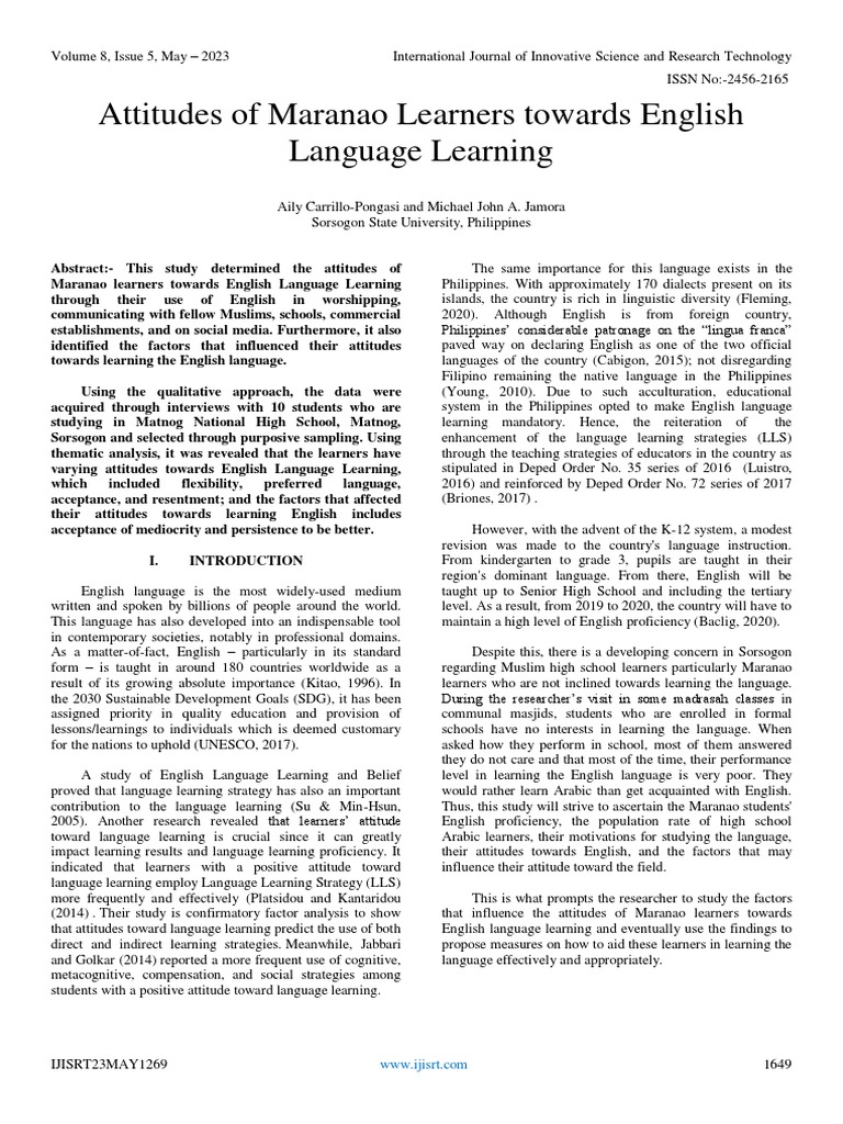 Maranao Learners' Attitudes Toward English | PDF | Learning | Attitude ...
