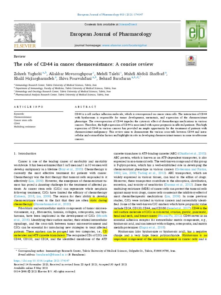 The Role of CD44 in Cancer Chemoresistance A Concise Review | PDF ...