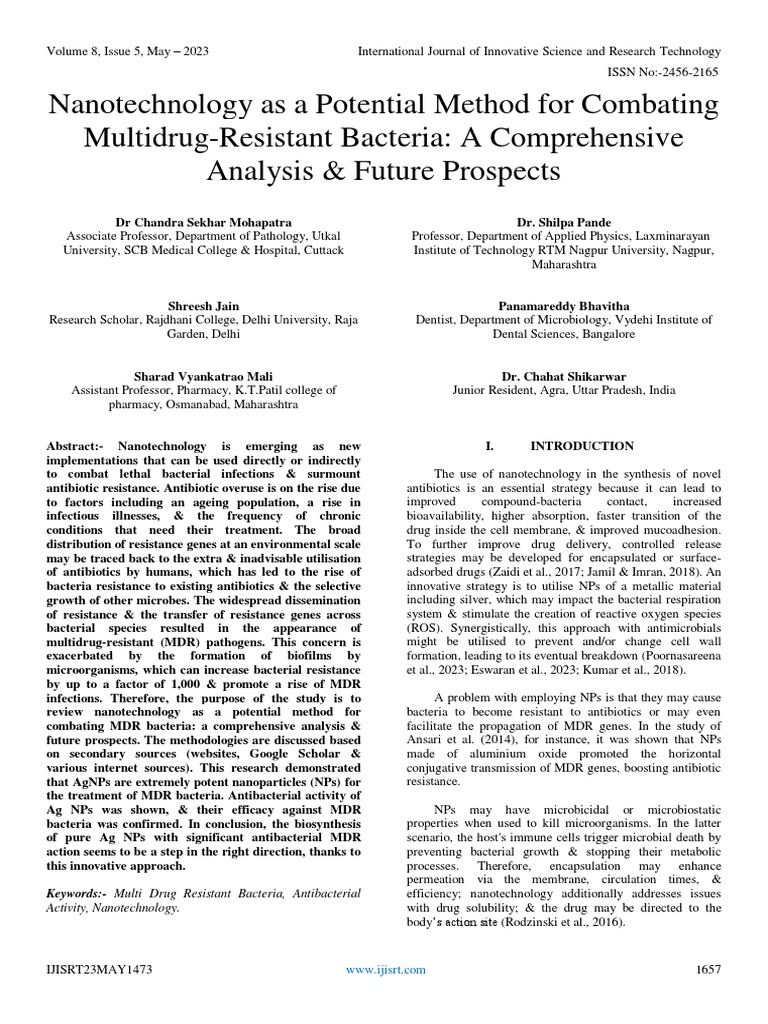 Nanotechnology As A Potential Method For Combating MultidrugResistant Bacteria A Comprehensive