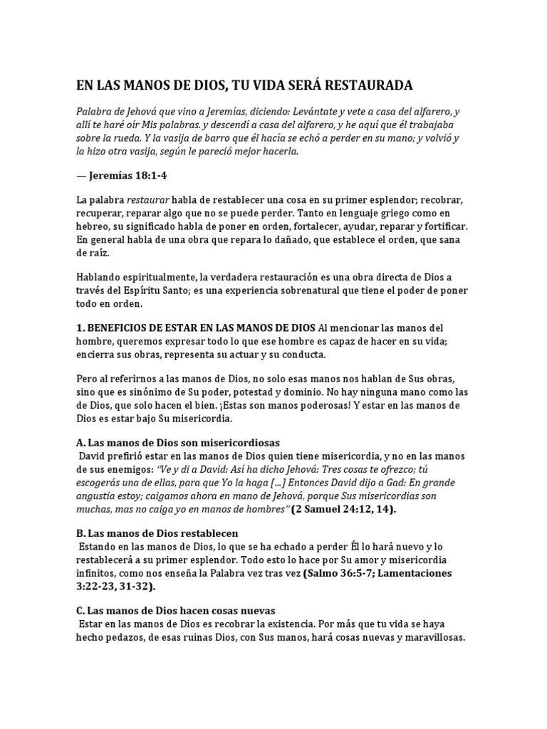 En Las Manos de Dios Tu Vida Sera Restaurada | PDF | Pecado | Dios