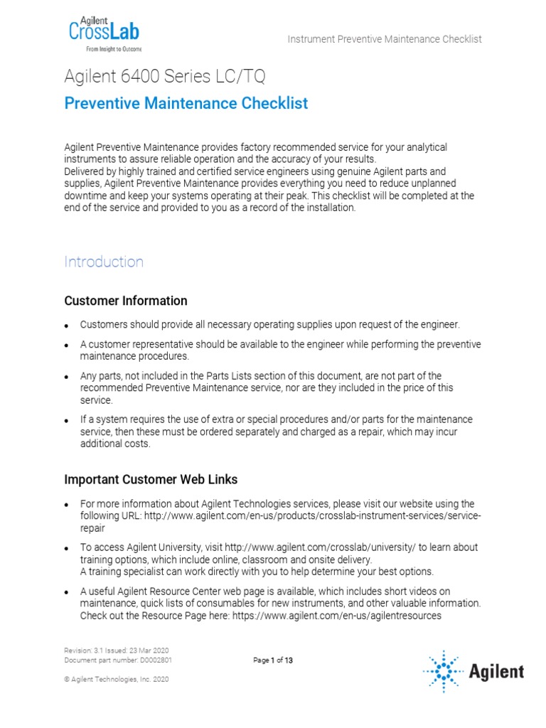 Agilent 6400 Series Preventive Maintenance Checklist_April2020 PDF
