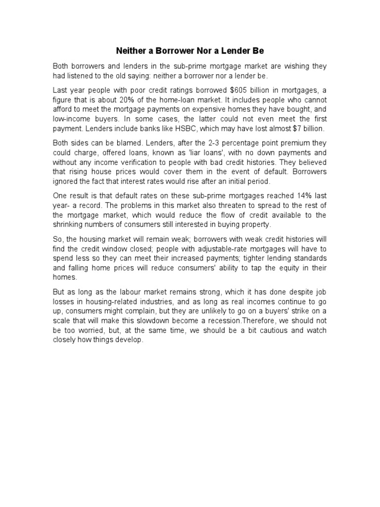 Neither A Borrower Nor A Lender Be PDF Mortgage Loan Finance
