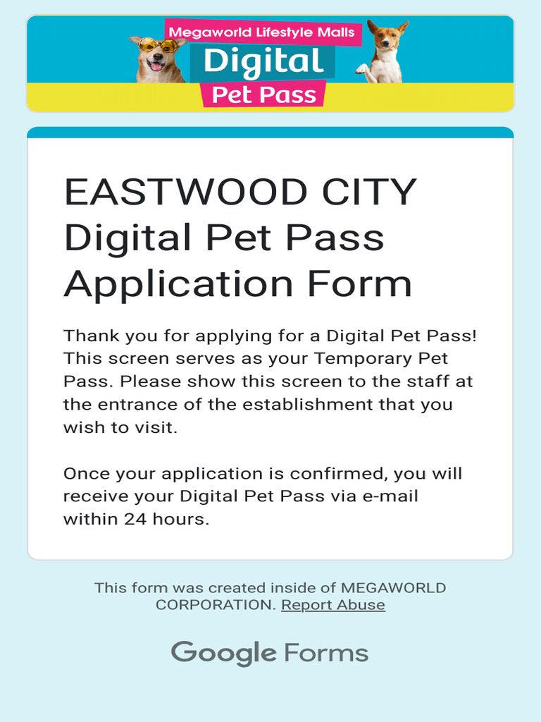 EASTWOOD CITY Digital Pet Pass Application Form PDF