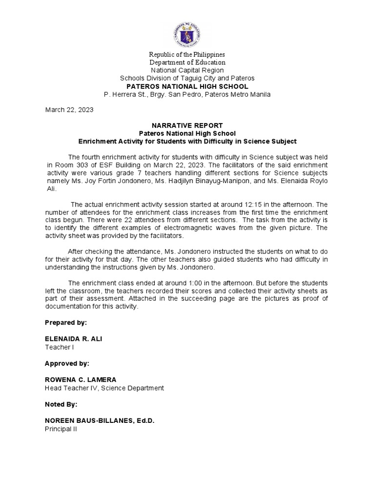 Enrichment Activity Report: Science Support | PDF | Metro Manila | Pedagogy