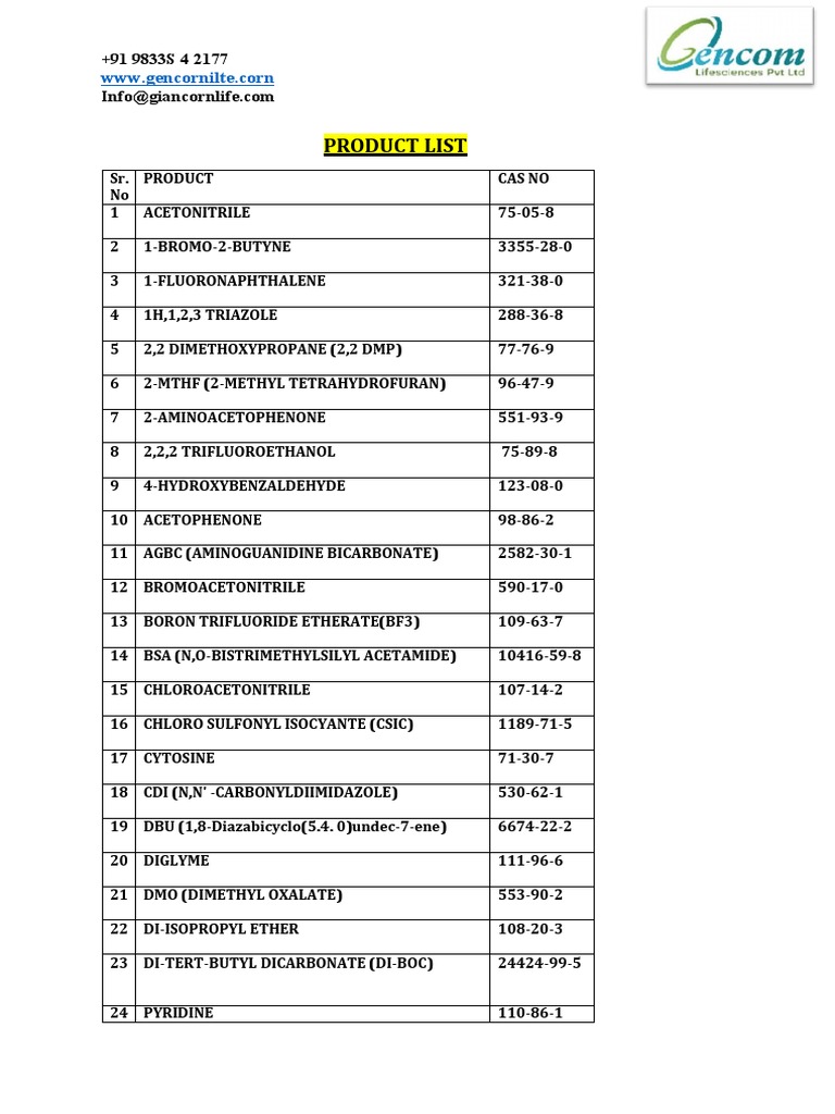 Brochure Product List | PDF | Tetrahydrofuran | Molecules
