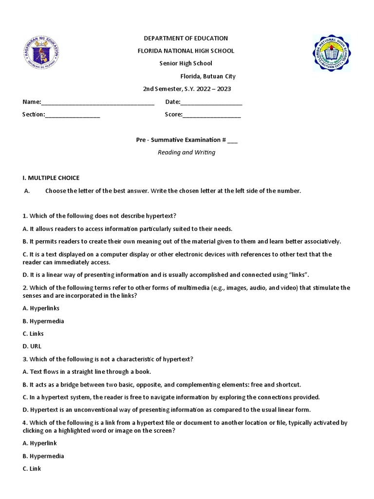 Reading and Writing Summative PDF Hyperlink World Wide 