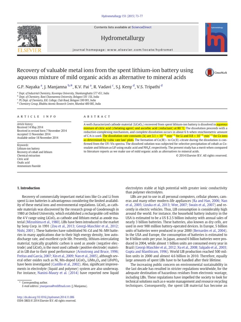 3 - Recovery of Valuable Metal Ion From Spent Lithium Ion Batteries ...