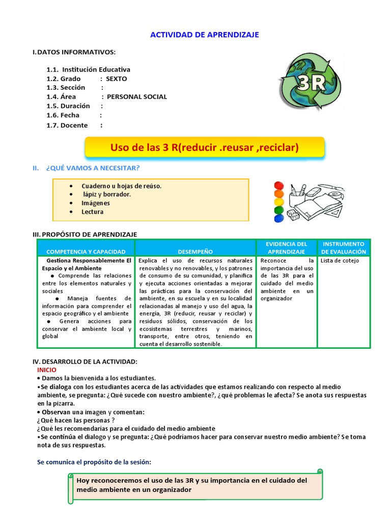 D1 A2 SESION PS. Uso de Las 3 R (Reducir .Reusar, Reciclar) | PDF