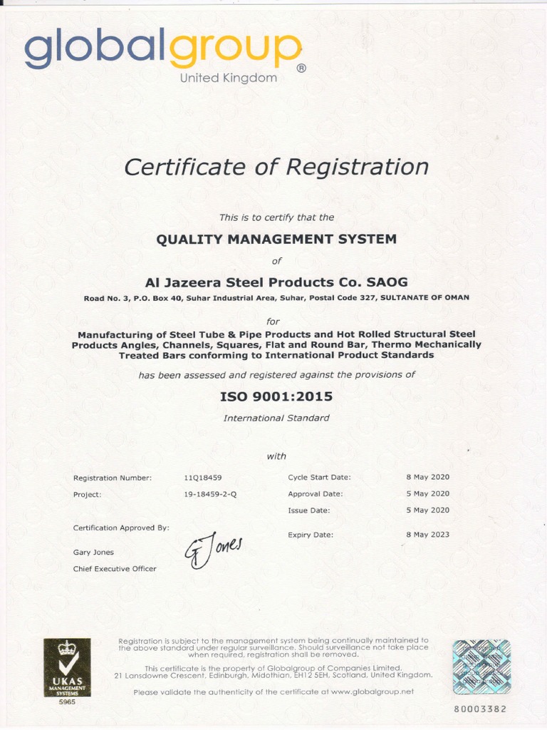 Certificates ISO 9001 AL JAZEERA STEEL-1 | PDF