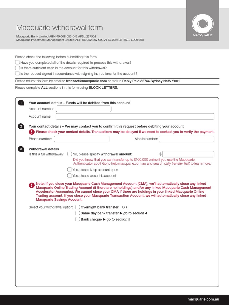 Macquarie Withdrawal Form PDF Cheque Payments