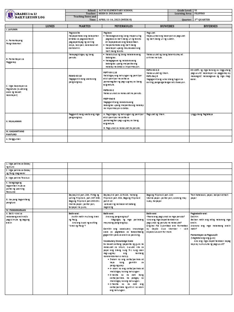 DLL - Filipino 6 - Q3 - 8 | PDF
