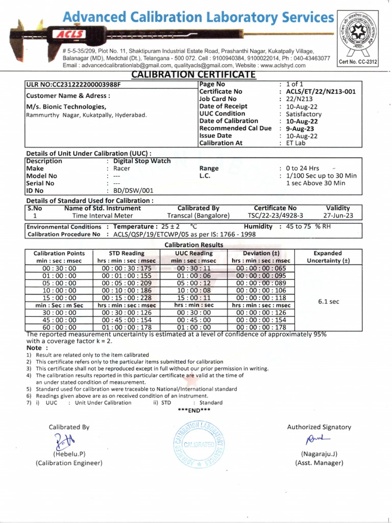 Digital Stop Watch Calibration Certificate PDF