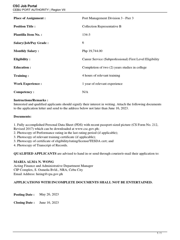Cebu Port Authority Job Opening | PDF