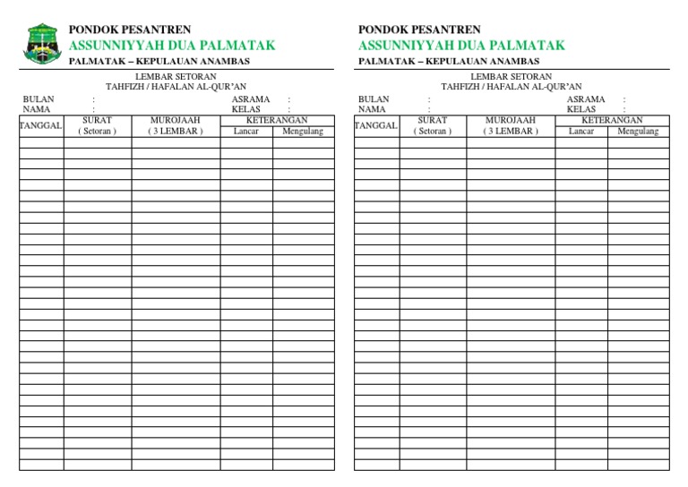 Lembar Setoran Hafalan Al-Qur'an | PDF