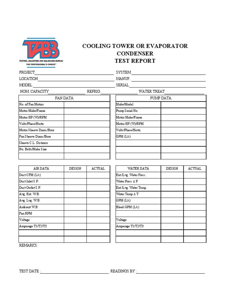 TABB Forms Air Side Cooling Tower or Evaporator Condenser Test Report PDF