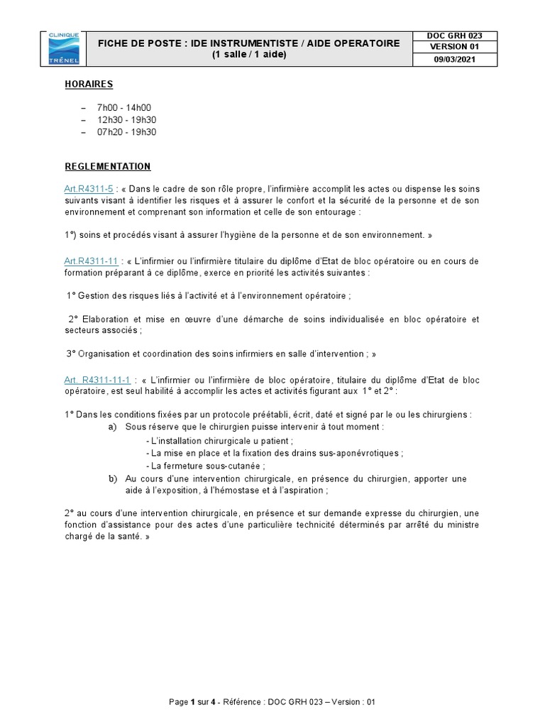 Fiche de Poste IDE Instrumentiste Opératoire | PDF | Allaitement ...
