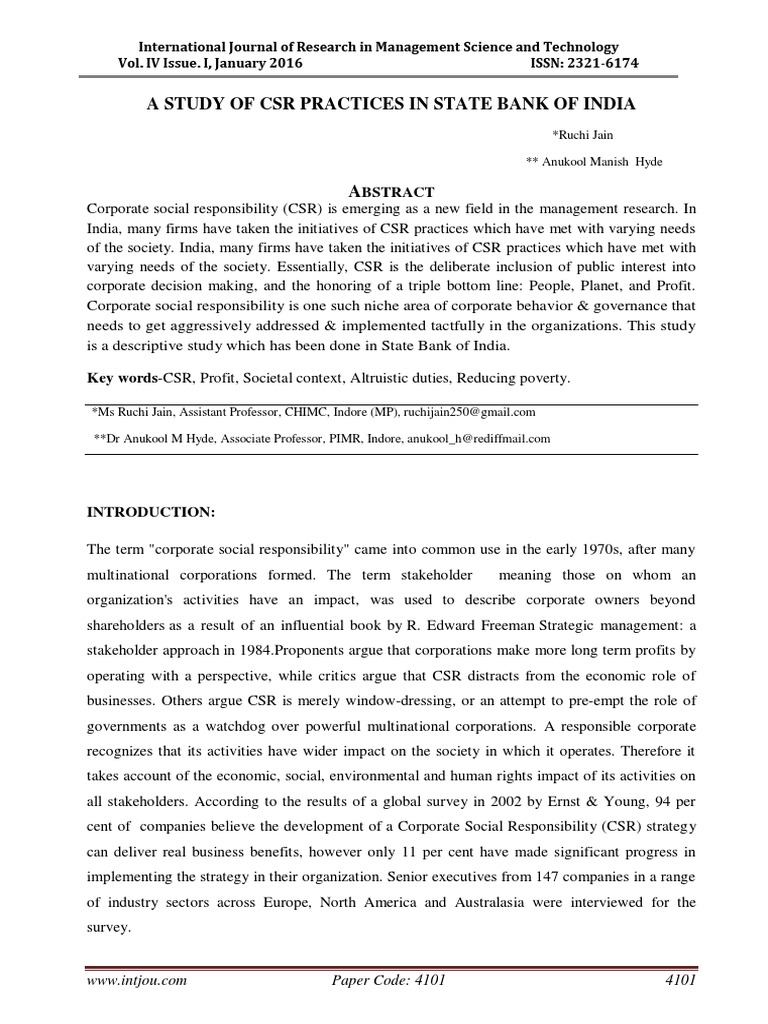 A Study of CSR Practices in State Bank of India: Bstract | PDF ...