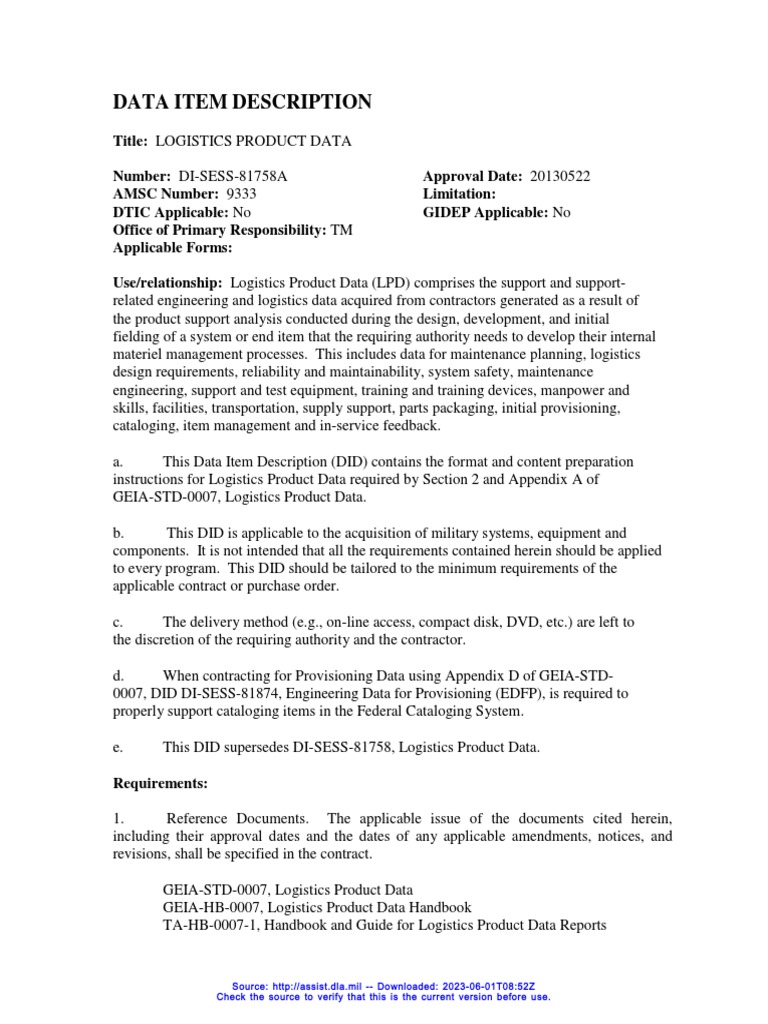 Logistics Product Data Description | PDF