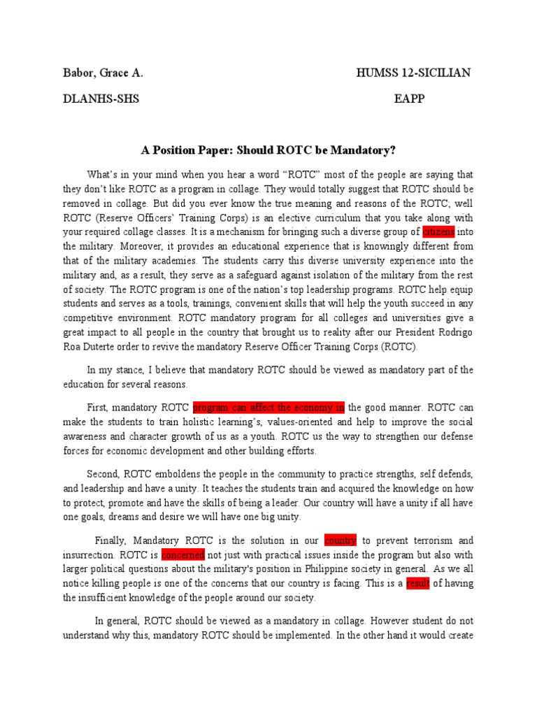 Position Paper of Mandatory ROTC | PDF | Reserve Officers' Training ...