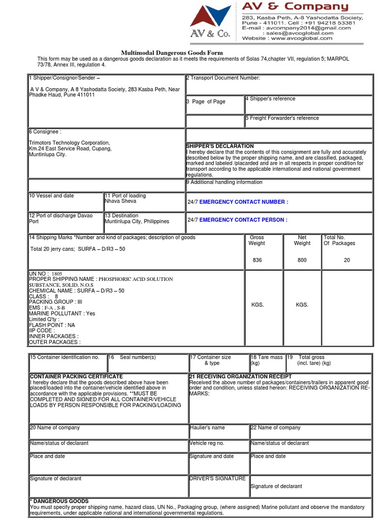 Multimodal Dangerous Goods Form: Shipper'S Declaration | PDF