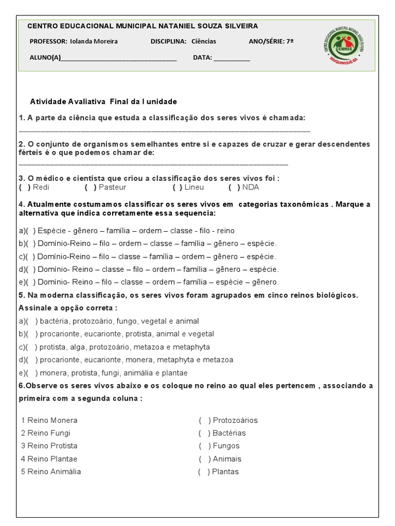 Atividade Avaliativa Taxonomia 2023 | PDF | Plantas | Espécies
