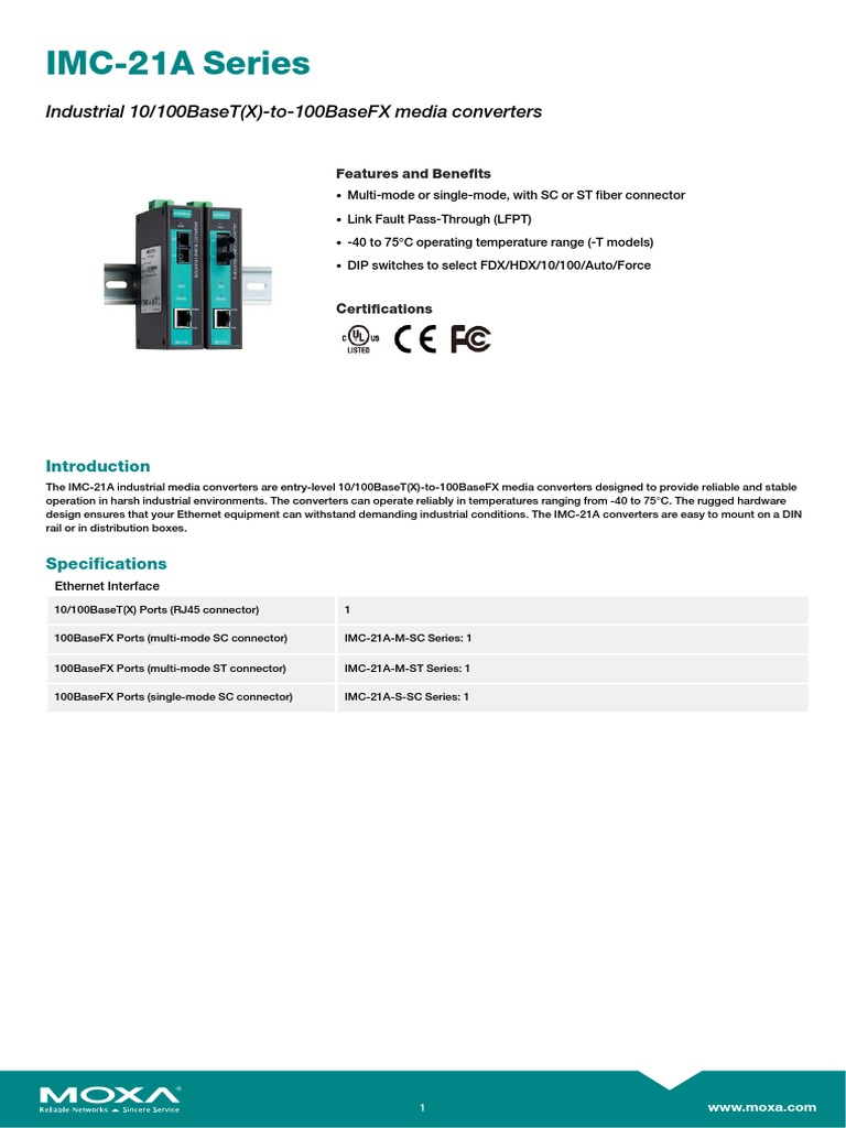 Moxa IMC 21A S SC Datasheet | PDF | Optical Fiber | Information And ...