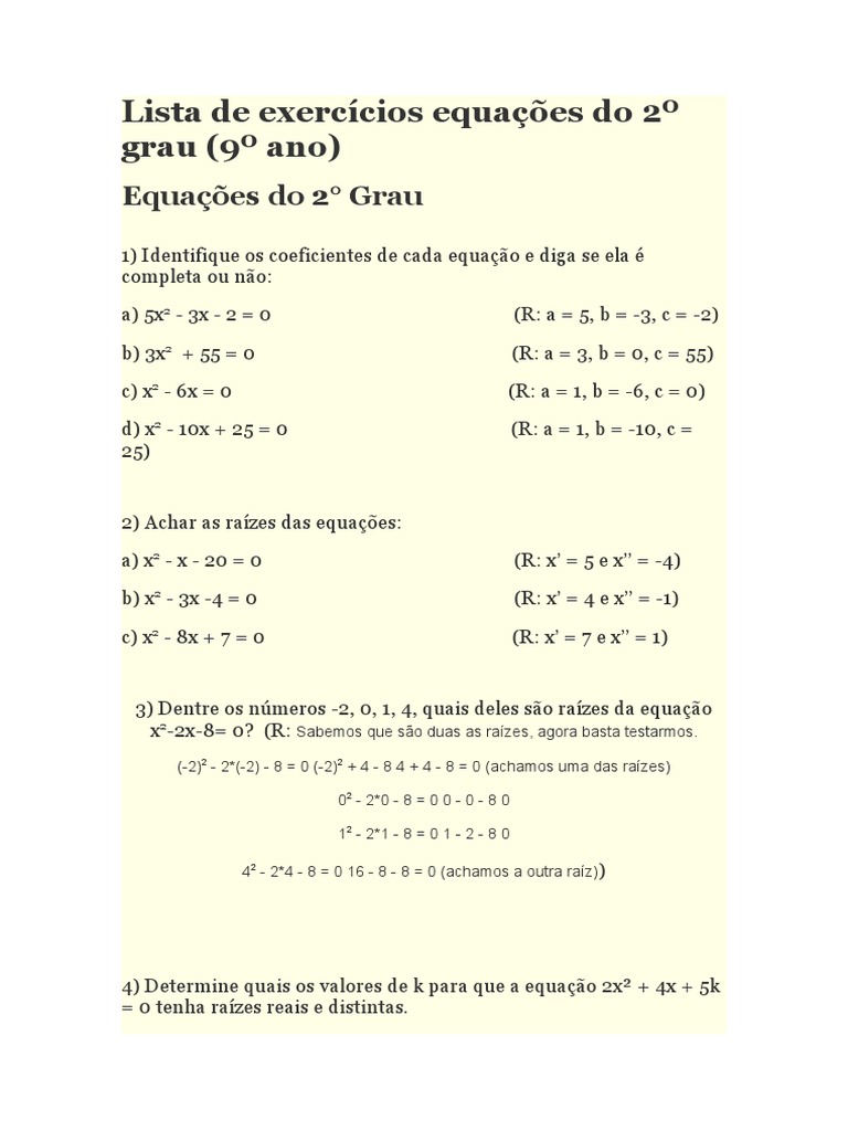 Lista de Exercícios Equações Do 2º Grau | PDF | Equações | Números
