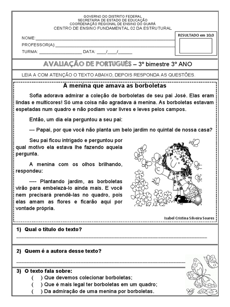 Avaliação de Português - 3º Ano | PDF | Casa e Jardim