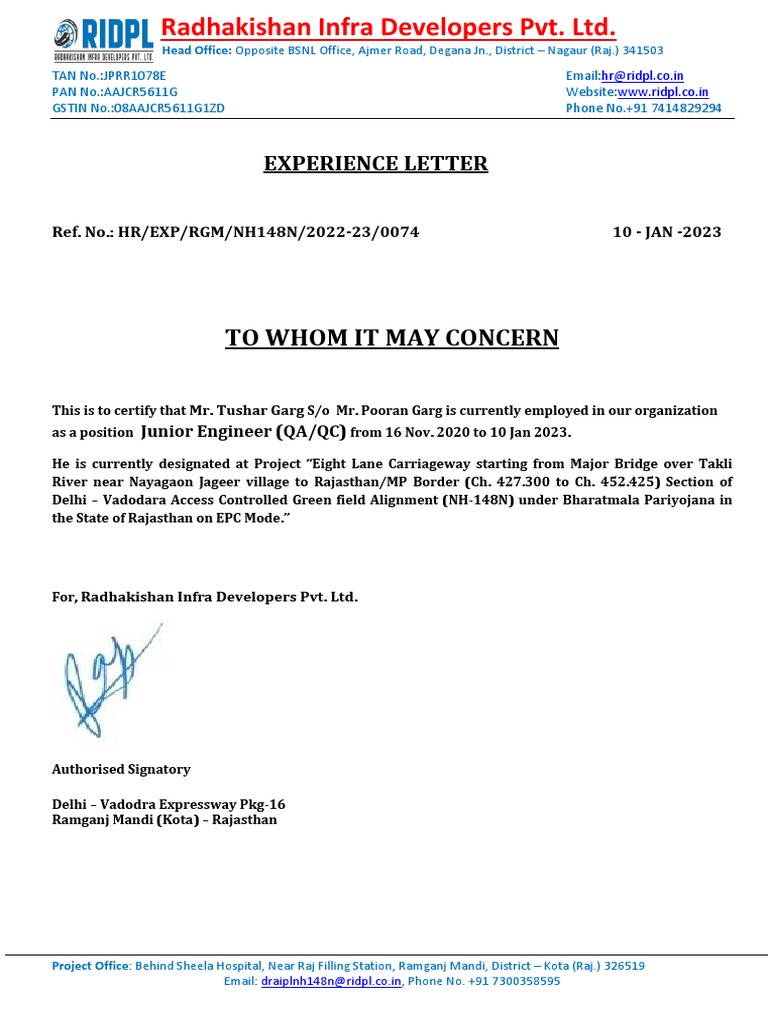 Experience Letter for Tushar Garg | PDF