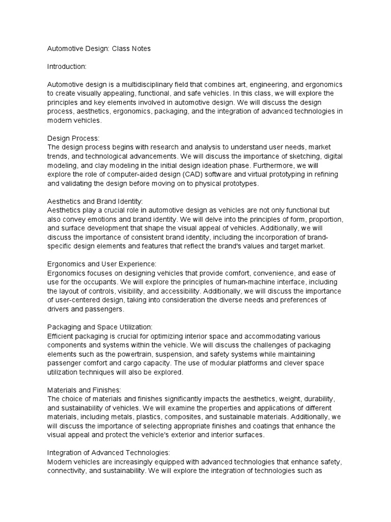Class Notes Car Design | PDF | Sustainability | Design