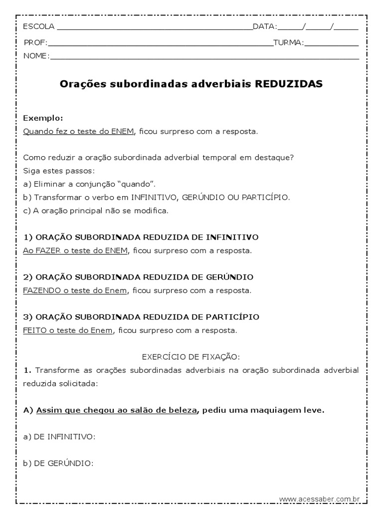 Exercícios de Orações Subordinadas Reduzidas | PDF