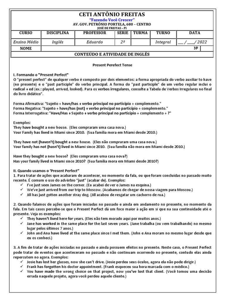 Estrutura e Uso do Present Perfect | PDF | Mecânica da linguagem ...