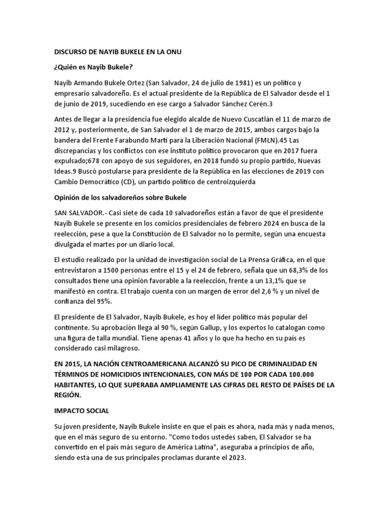 Discurso de Nayib Bukele en La Onu PDF El Salvador
