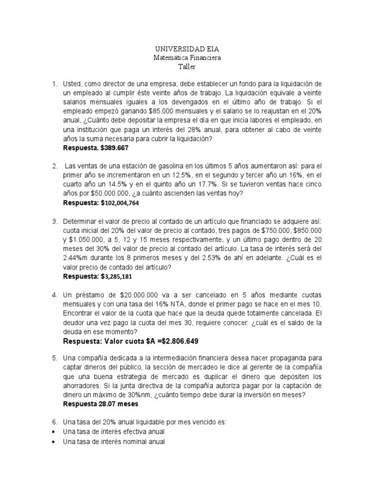 Ejercicios de Matemática Financiera EIA | PDF | Interés | Tasas de interés