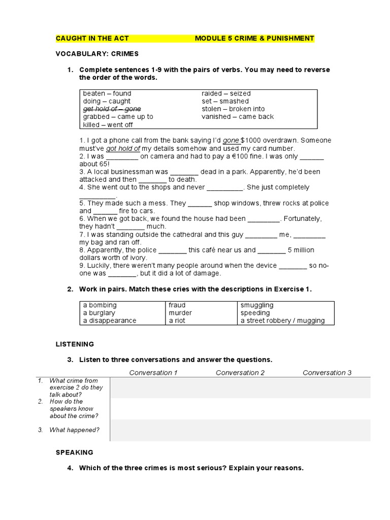 Crime Vocabulary and Exercises | PDF | Robbery | Misconduct