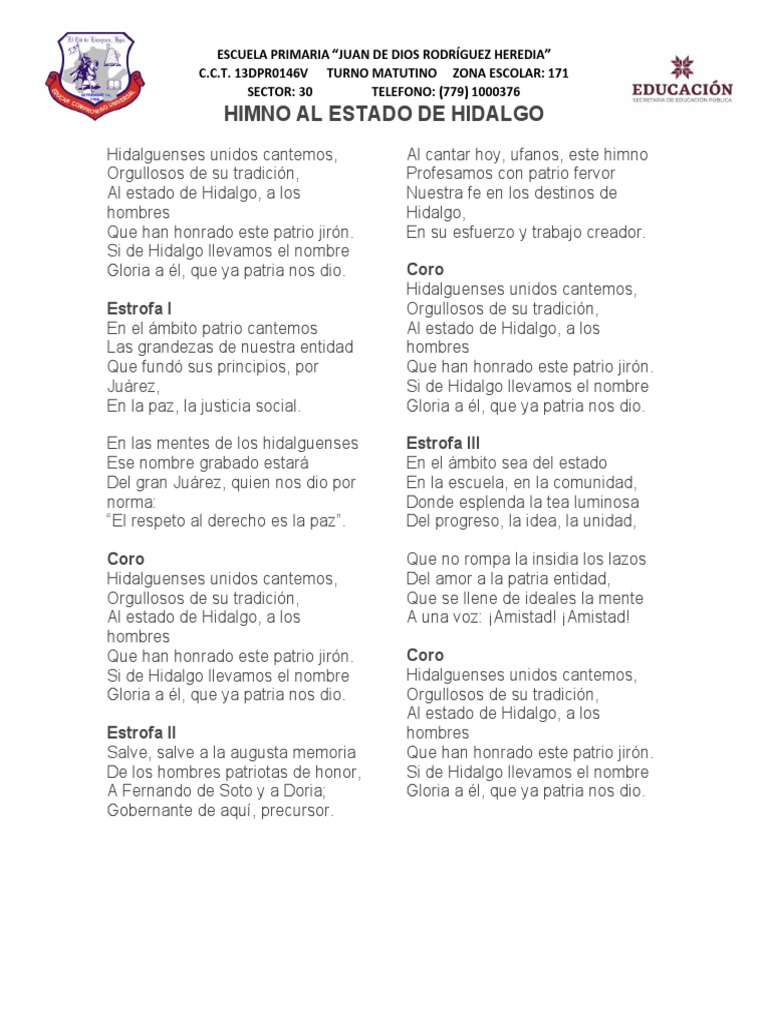 Himno Al Estado de Hidalgo Letra PDF