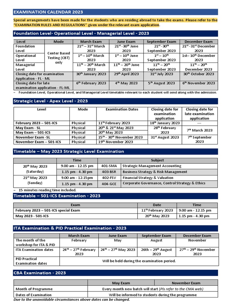 CMA Exam Timetable 2023 Overview | PDF | Business | Business Economics