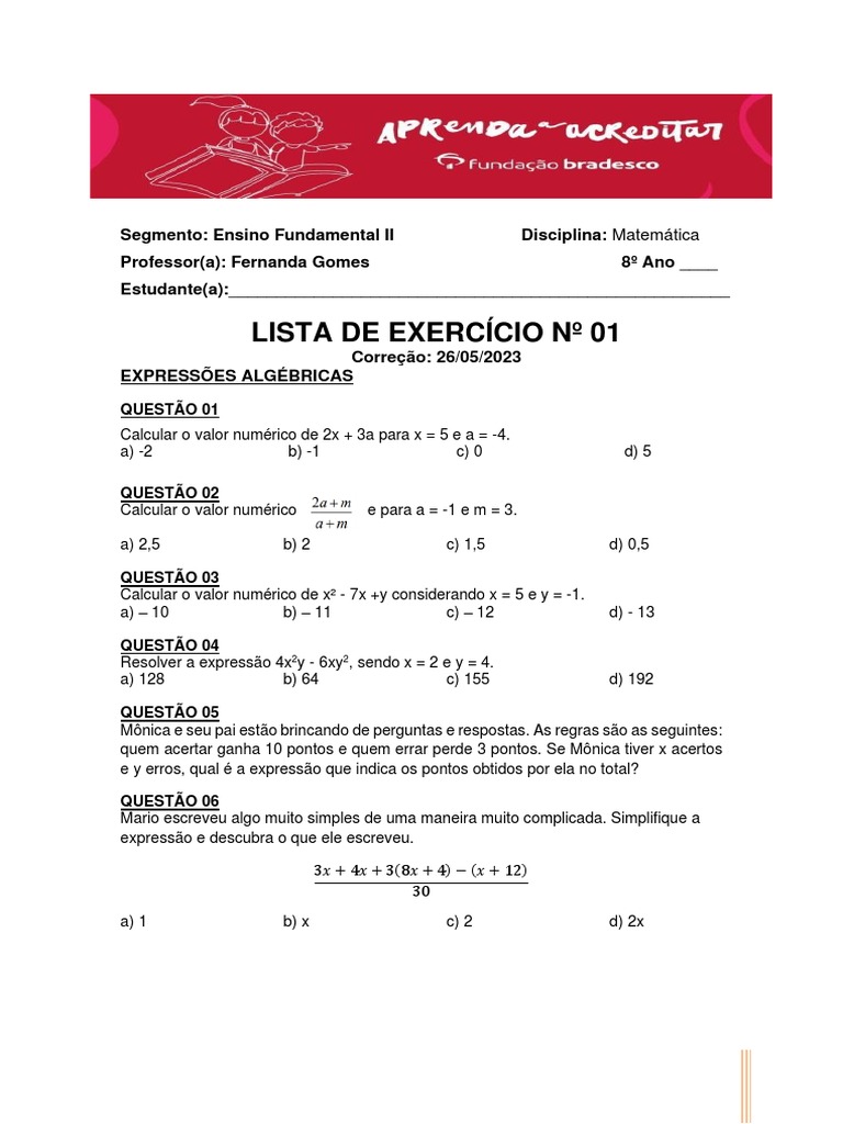 Revisão Expressões Algébricas Pdf Matemática