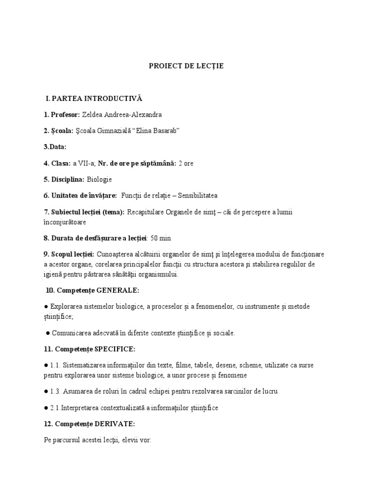 Proiect Didactic - Recapitulare Organele de Simt Clasa A VII-a | PDF