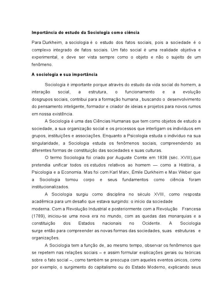 Importância da Sociologia na Sociedade | PDF