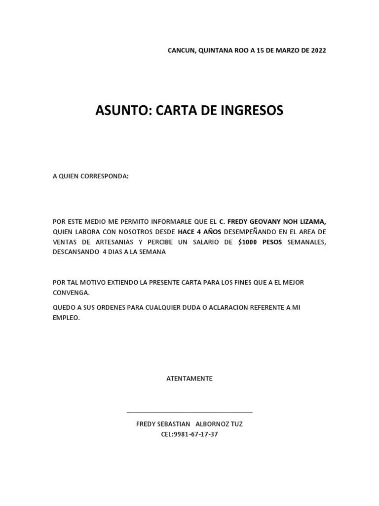 Carta de Ingresos PDF