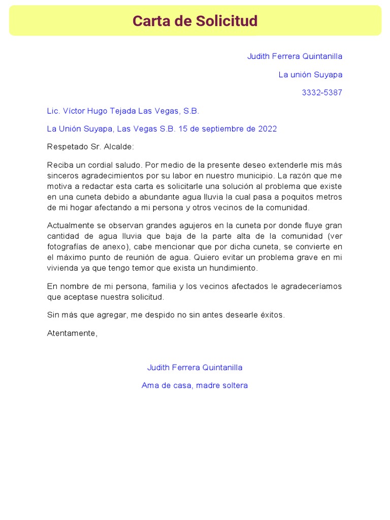 Modelo de Carta Dirigida Al Alcalde para Solicitar Ayuda PDF