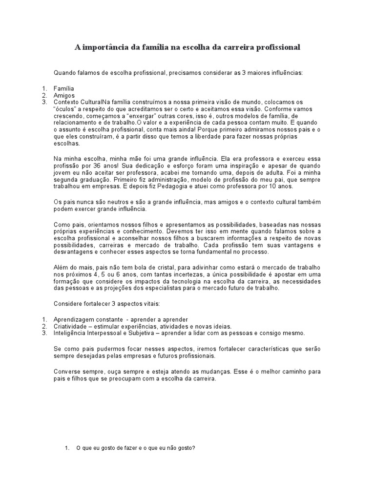 ELETIVAS A Importância Da Família Na Escolha Da Carreira Profissional ...