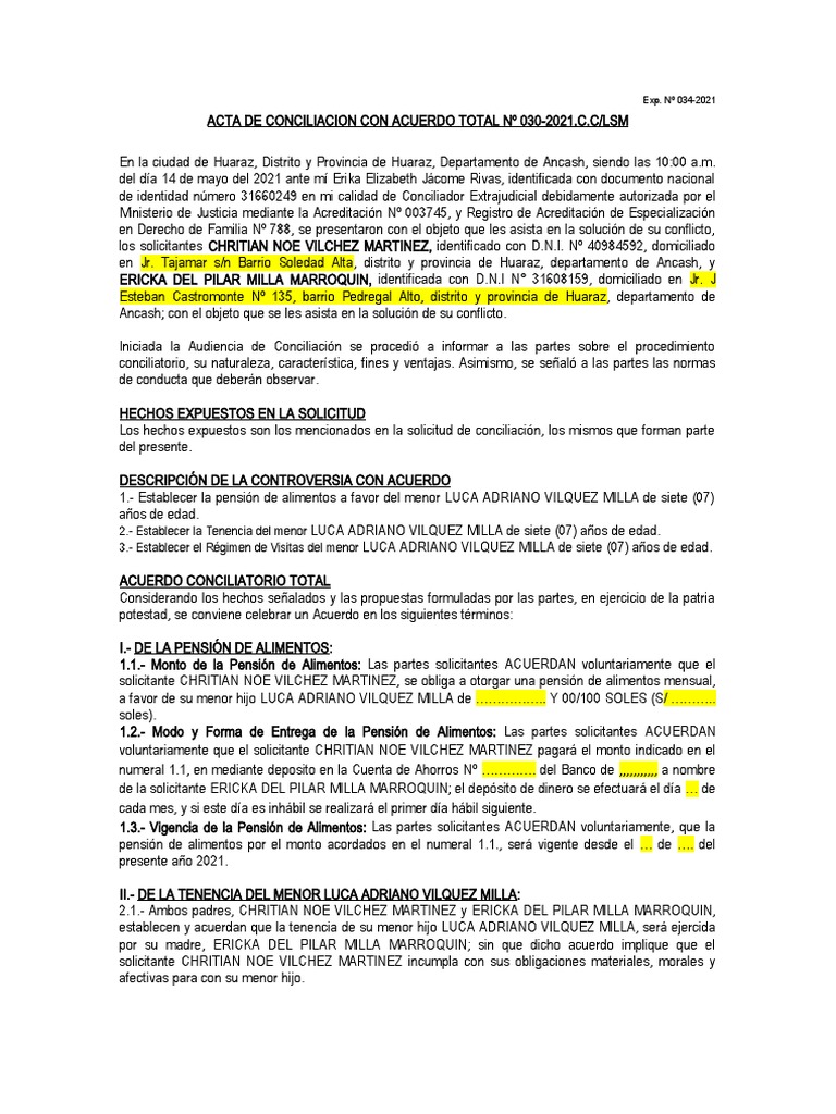 ACTA ACUERDO DE AMBAS PARTES Modelo | PDF | Pensión alimenticia
