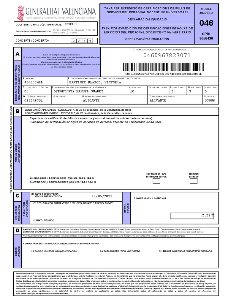 Modelo 046: Tasa Certificaciones Docentes | PDF | Privacidad de la ...