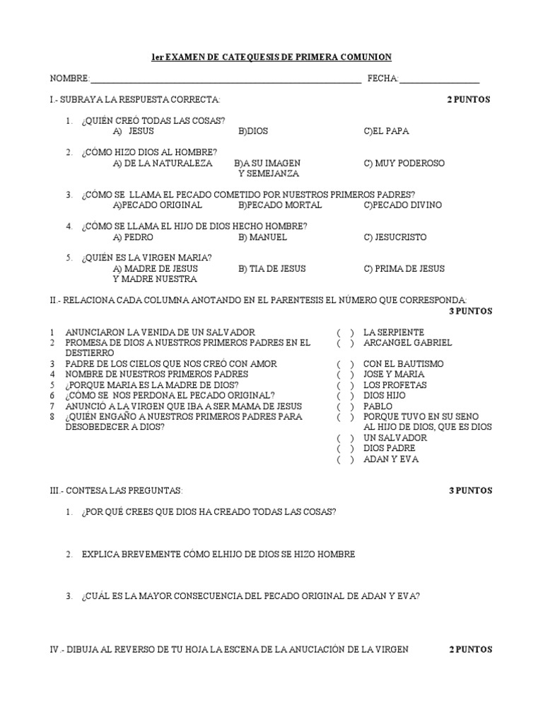1er Examen de Catequesis de Primera Comunion PDF