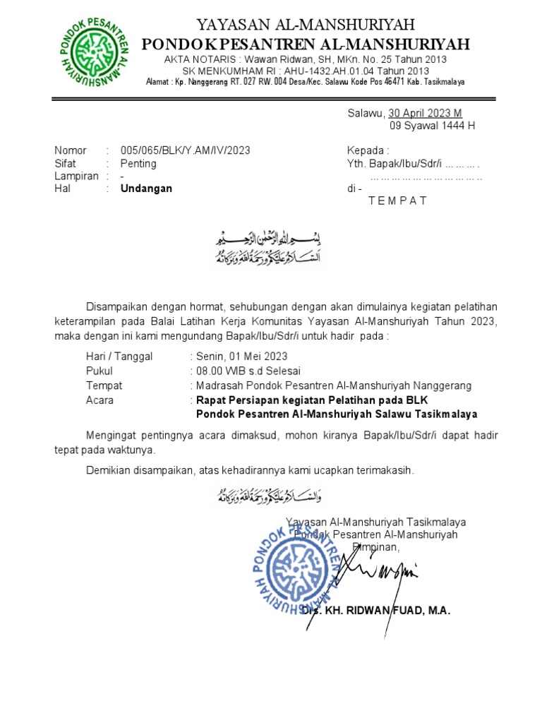 Surat Ketua Yayasan (Undangan Rapat BLK) | PDF
