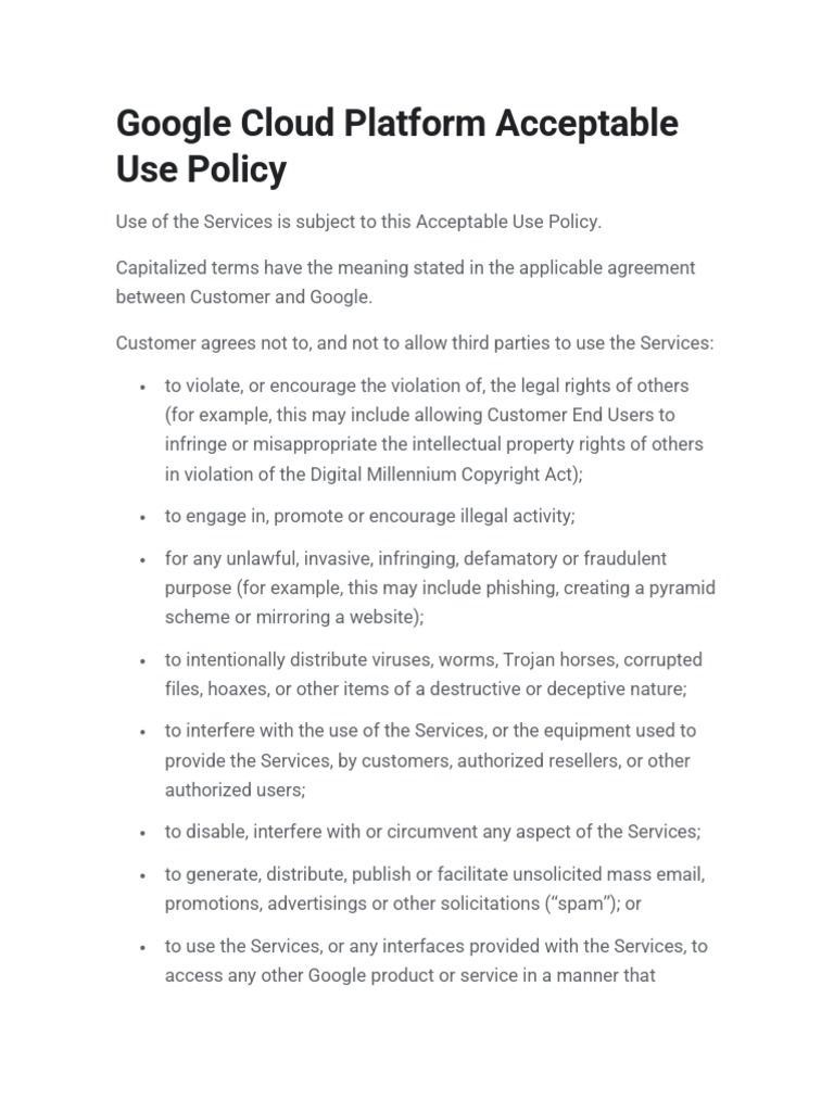 Google Cloud Platform Acceptable Use Policy Cloud Data Processing